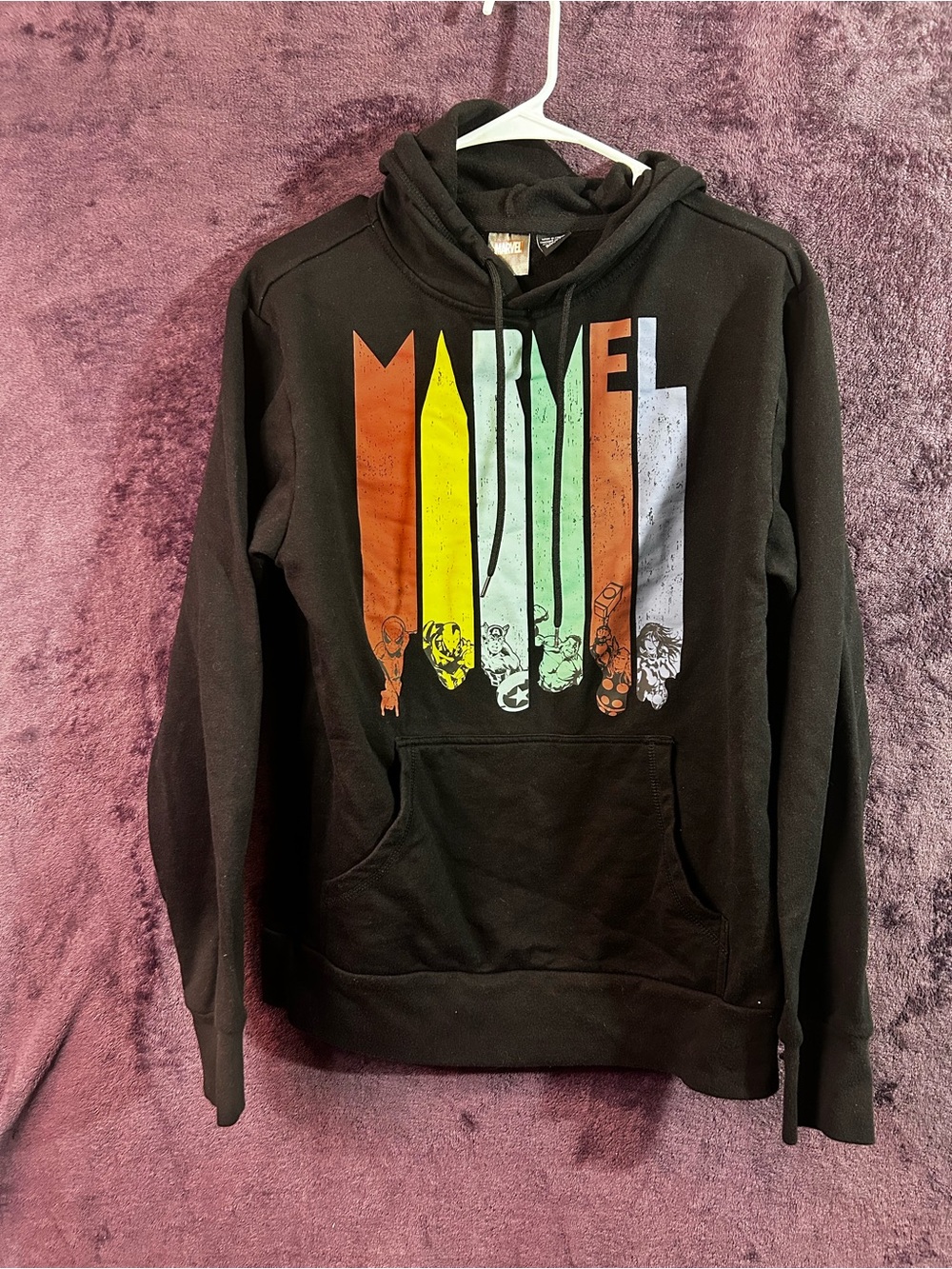 Marvel Black Pullover Hoodie with Multicolor Vertical Logo